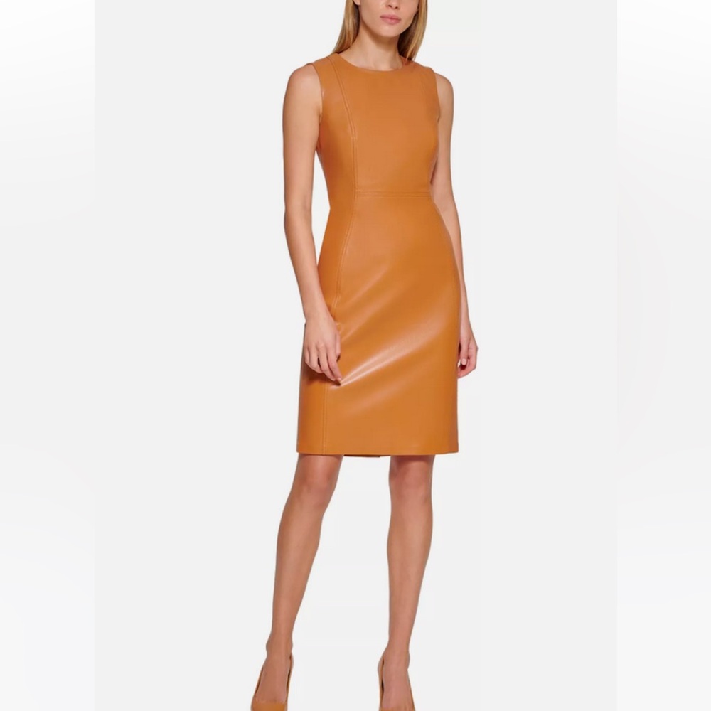 Calvin Klein Tan Faux Leather Sheath Dress with back exposed zipper honey tan